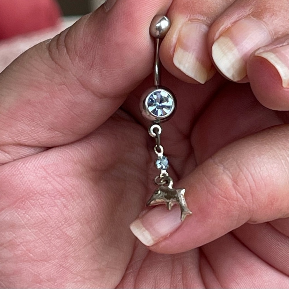 VTG Y2K STAINLESS STEEL Dangle belly ring blue rhinestone & dolphin - Picture 3 of 4